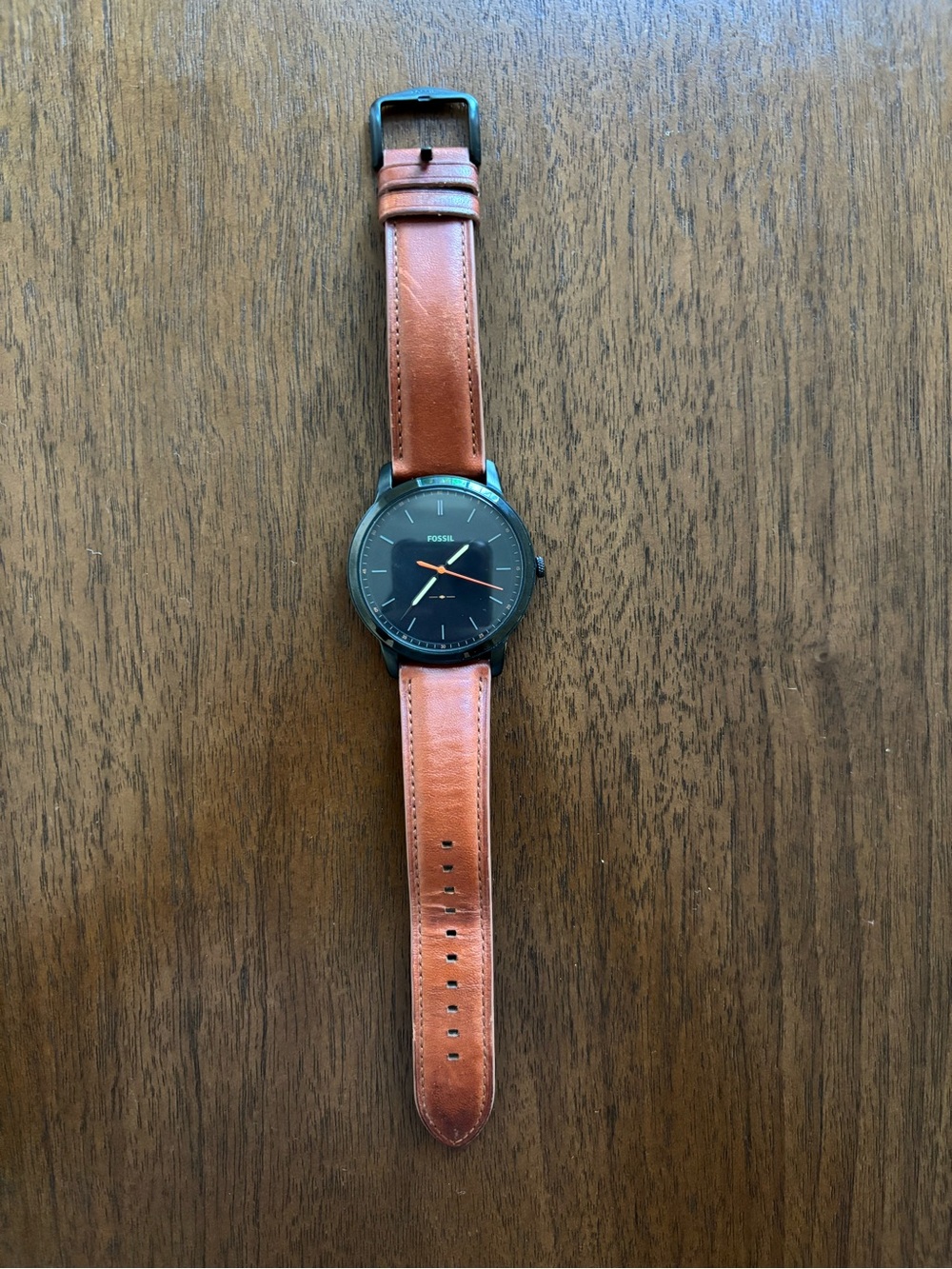 Fossil Men's Black Dial Watch with Brown Leather Strap